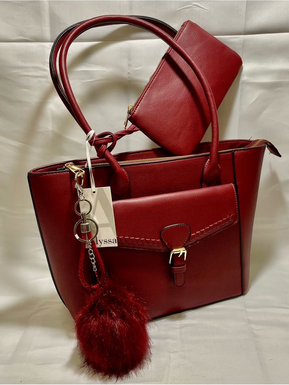 Alyssa Set withTote, Matching Wristlet/Pouch & Extra Pom Bag Charm/KeyChain, NWT - Picture 2 of 16